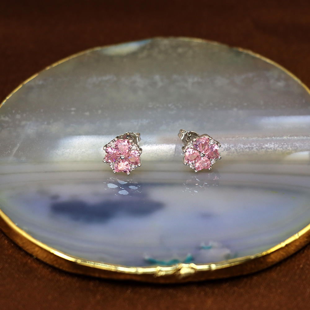 Small Citrine Flower Stud Earrings – Pink Gemstone November Birthstone, Perfect Gift for Her or Girl