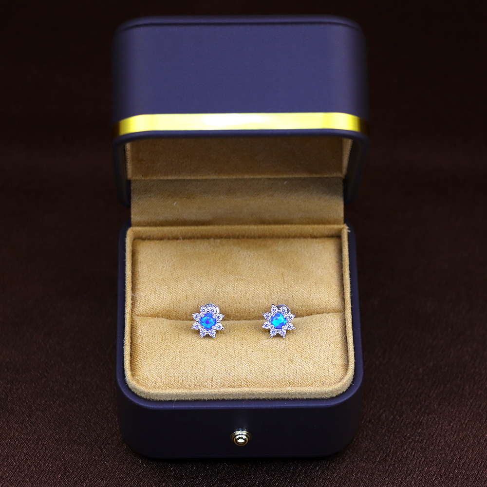 Halo Opal Earrings with Diamond Simulants – White Opal Cabochon Studs, October Birthstone, Genuine Gemstone