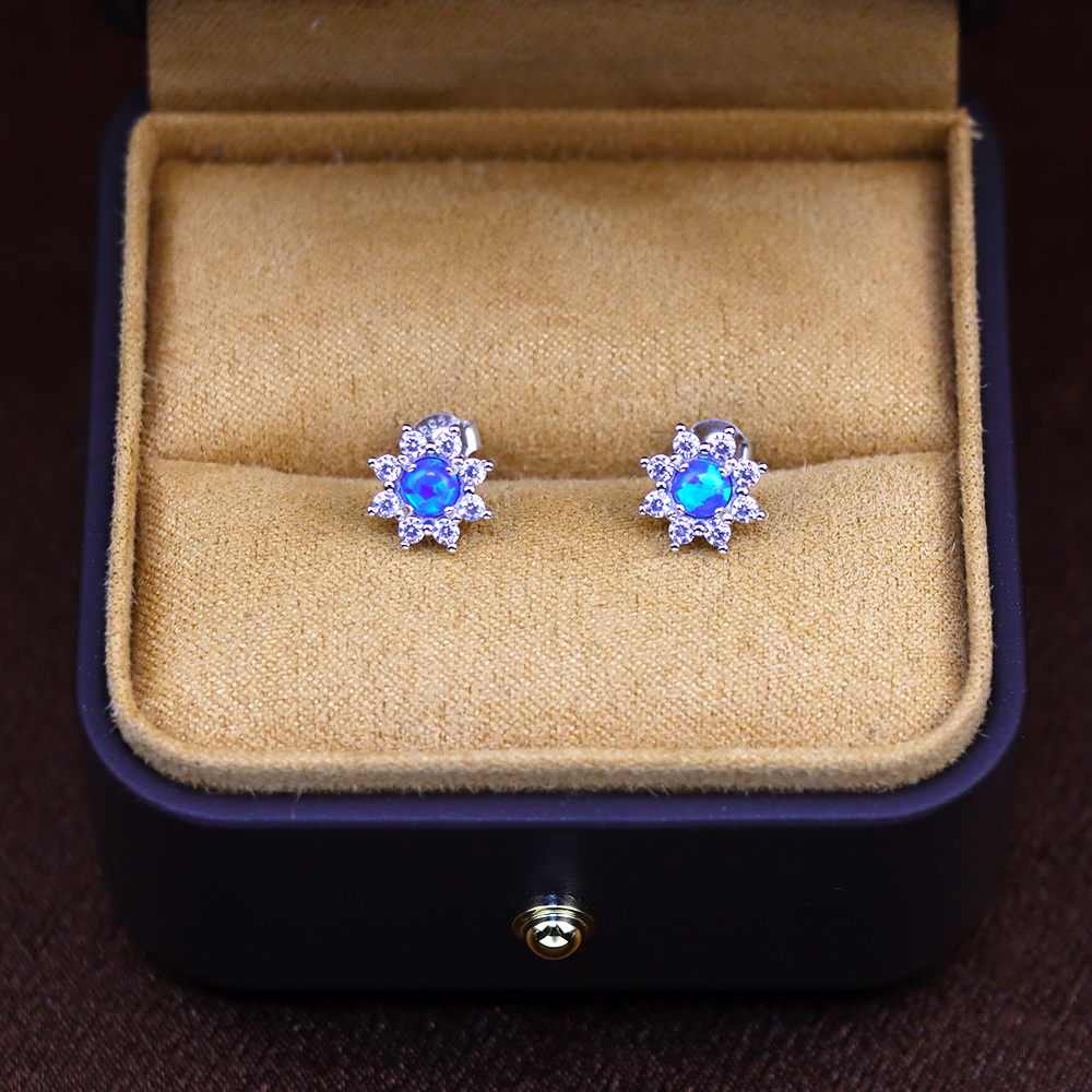 Halo Opal Earrings with Diamond Simulants – White Opal Cabochon Studs, October Birthstone, Genuine Gemstone