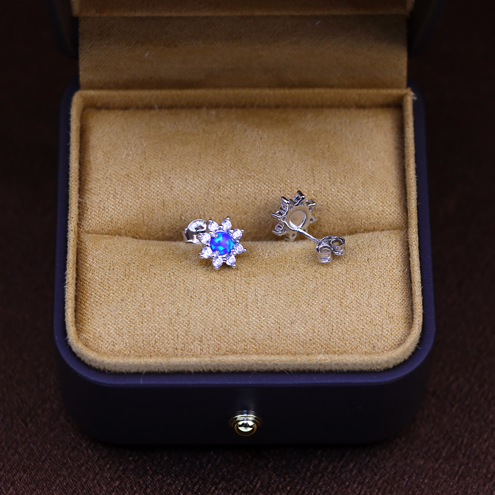 Halo Opal Earrings with Diamond Simulants – White Opal Cabochon Studs, October Birthstone, Genuine Gemstone