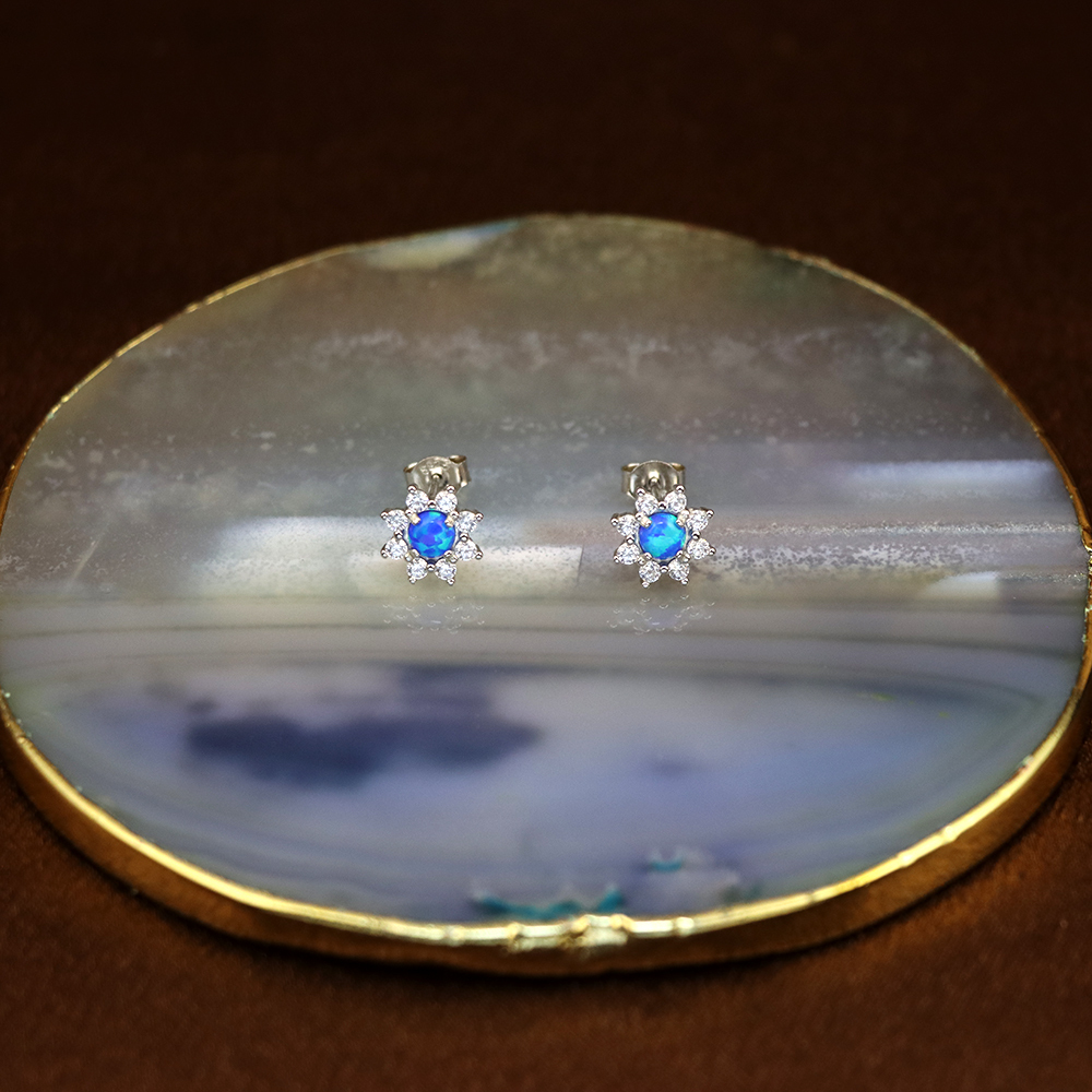 Halo Opal Earrings with Diamond Simulants – White Opal Cabochon Studs, October Birthstone, Genuine Gemstone