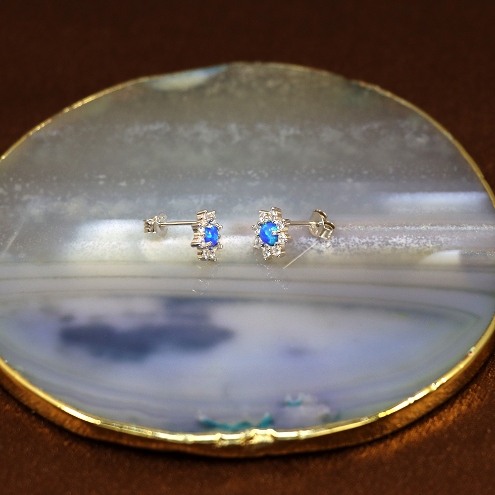 Halo Opal Earrings with Diamond Simulants – White Opal Cabochon Studs, October Birthstone, Genuine Gemstone