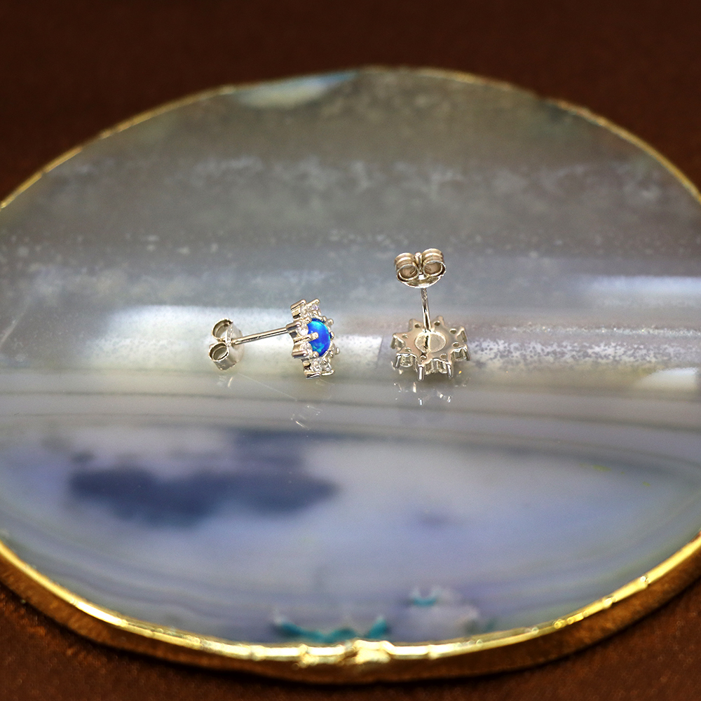 Halo Opal Earrings with Diamond Simulants – White Opal Cabochon Studs, October Birthstone, Genuine Gemstone