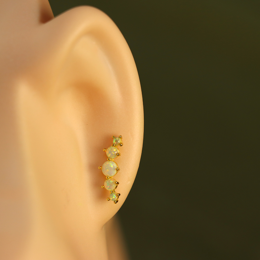 Curved Bar Opal Stud Earrings – Geometric Crawler Design with Blue and White Opal