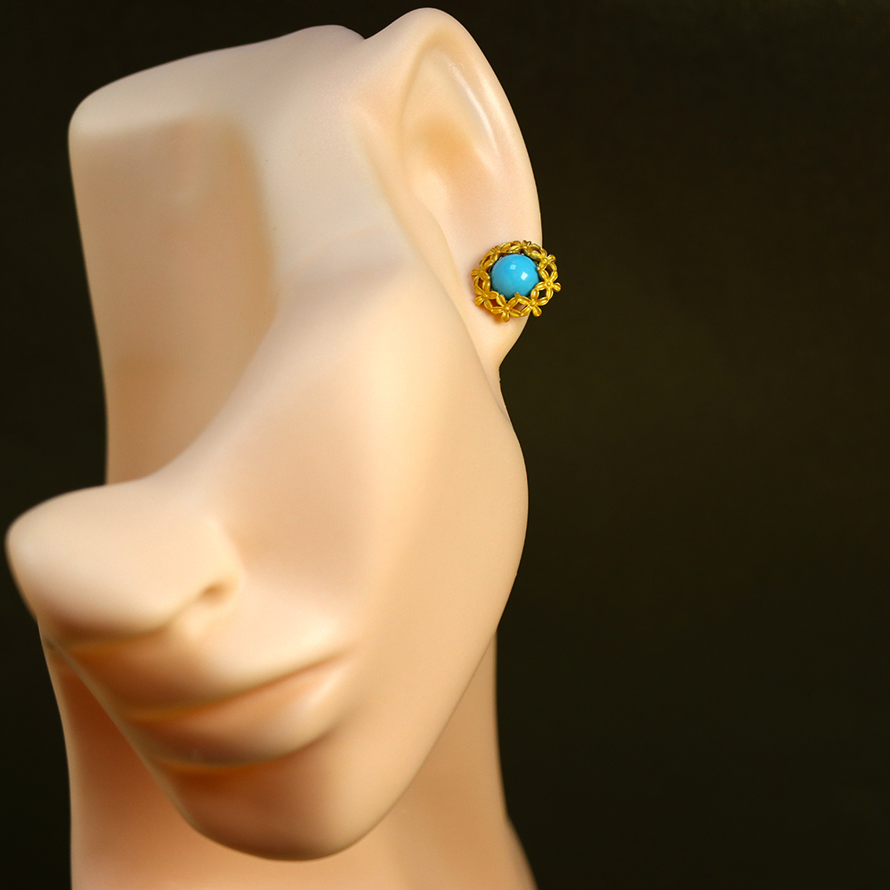 Vintage Turquoise Stud Earrings Turquoise Earrings Gold Filigree Flower Turquois
