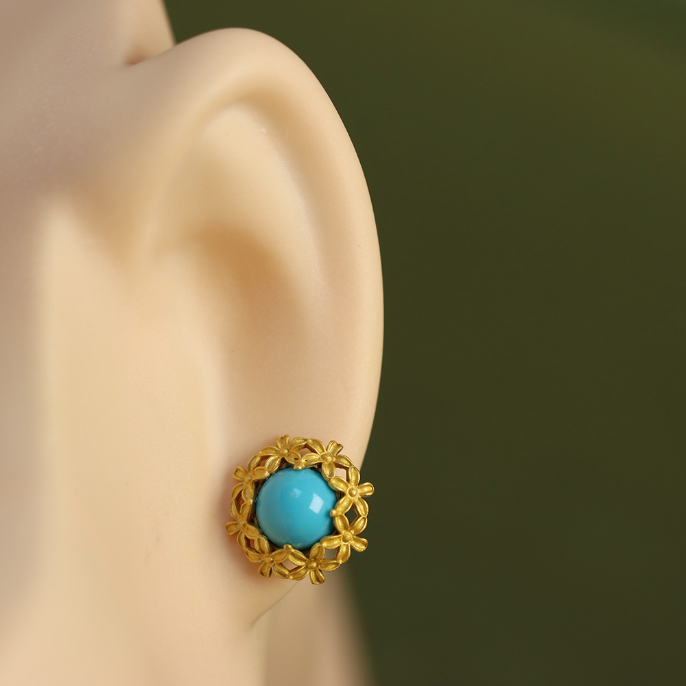 Vintage Turquoise Stud Earrings Turquoise Earrings Gold Filigree Flower Turquois