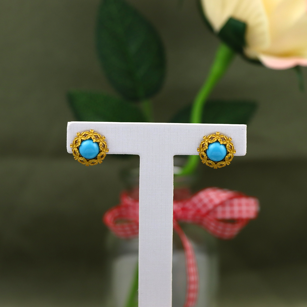 Vintage Turquoise Stud Earrings Turquoise Earrings Gold Filigree Flower Turquois