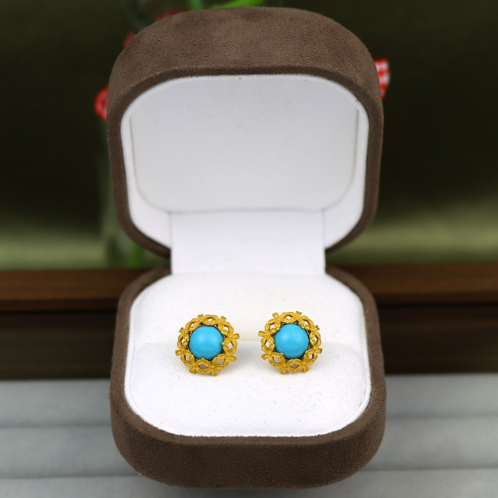 Vintage Turquoise Stud Earrings Turquoise Earrings Gold Filigree Flower Turquois
