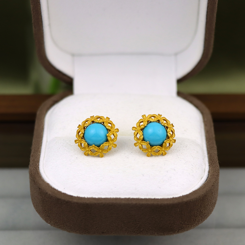 Vintage Turquoise Stud Earrings Turquoise Earrings Gold Filigree Flower Turquois