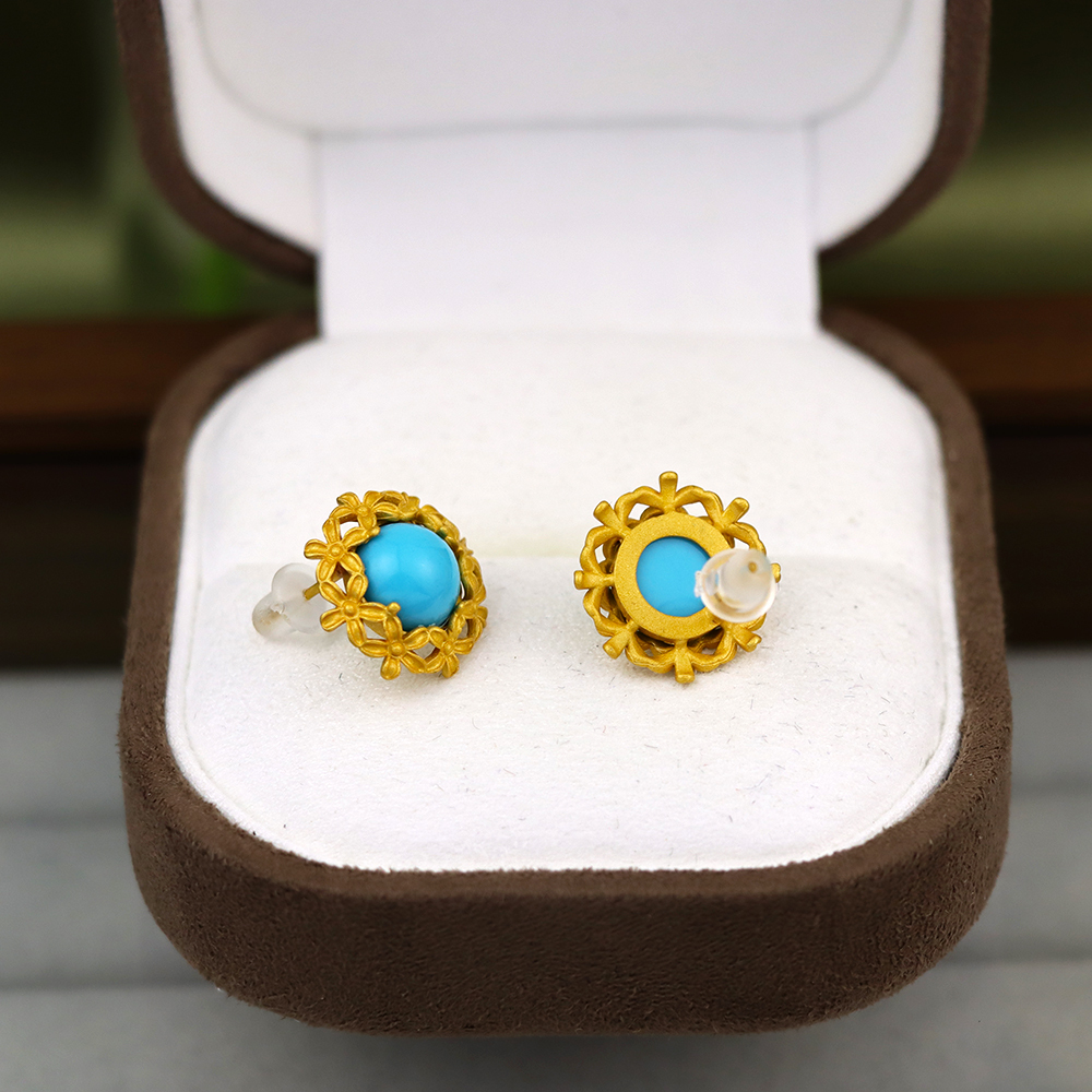 Vintage Turquoise Stud Earrings Turquoise Earrings Gold Filigree Flower Turquois
