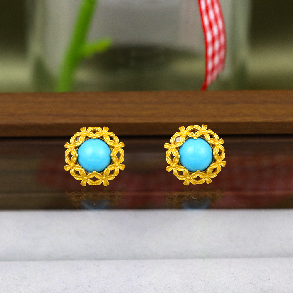Vintage Turquoise Stud Earrings Turquoise Earrings Gold Filigree Flower Turquois
