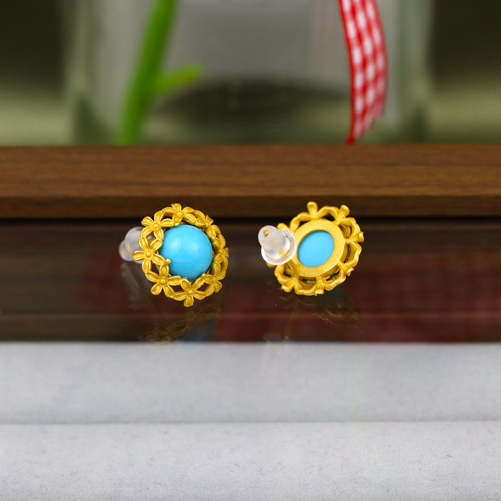 Vintage Turquoise Stud Earrings Turquoise Earrings Gold Filigree Flower Turquois