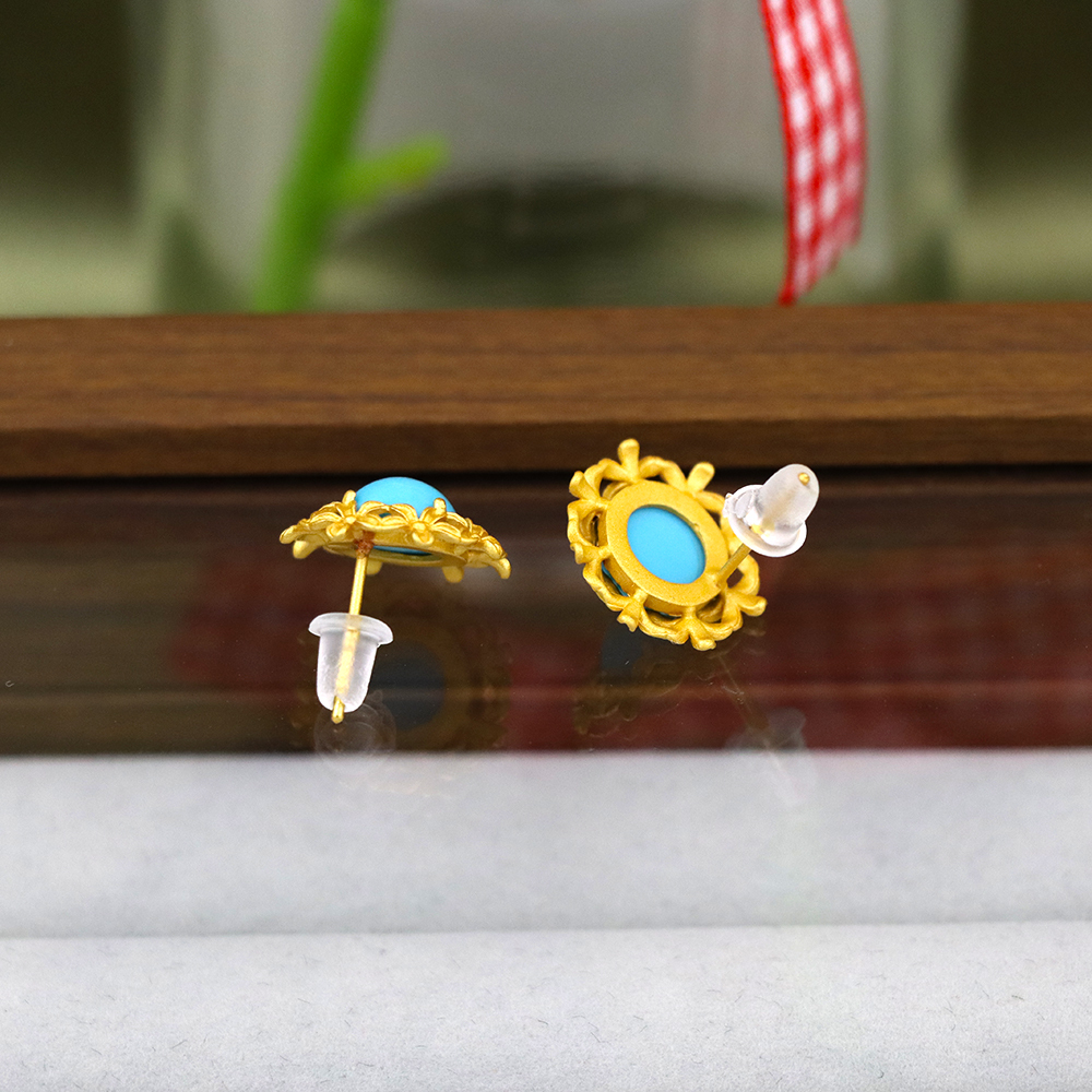 Vintage Turquoise Stud Earrings Turquoise Earrings Gold Filigree Flower Turquois