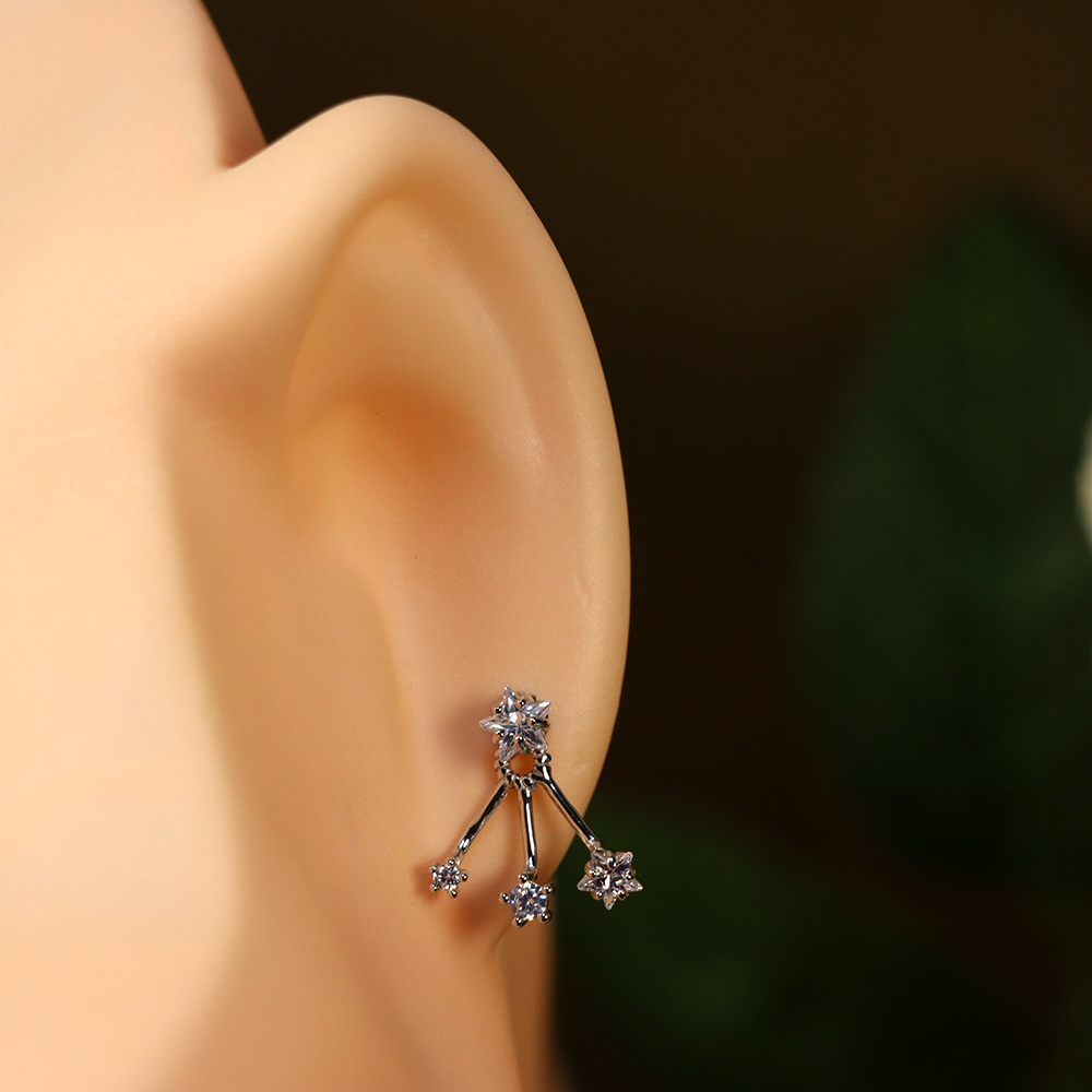925 Sterling Silver Triple Crystal Star Ear Jacket Stud Earrings – Dazzling Celestial Jewelry