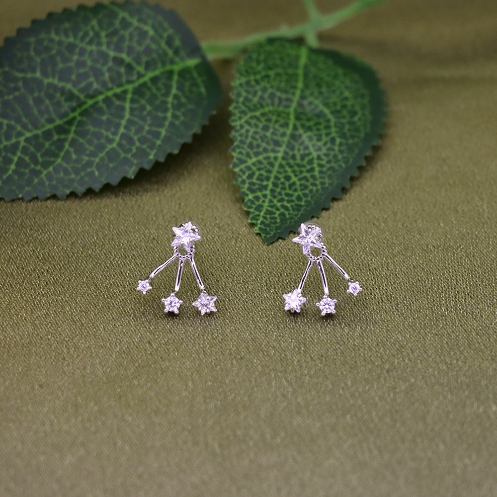925 Sterling Silver Triple Crystal Star Ear Jacket Stud Earrings – Dazzling Celestial Jewelry