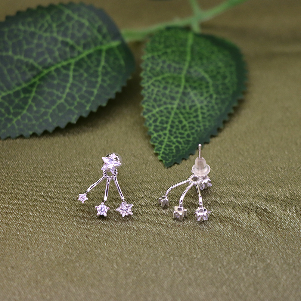 925 Sterling Silver Triple Crystal Star Ear Jacket Stud Earrings – Dazzling Celestial Jewelry