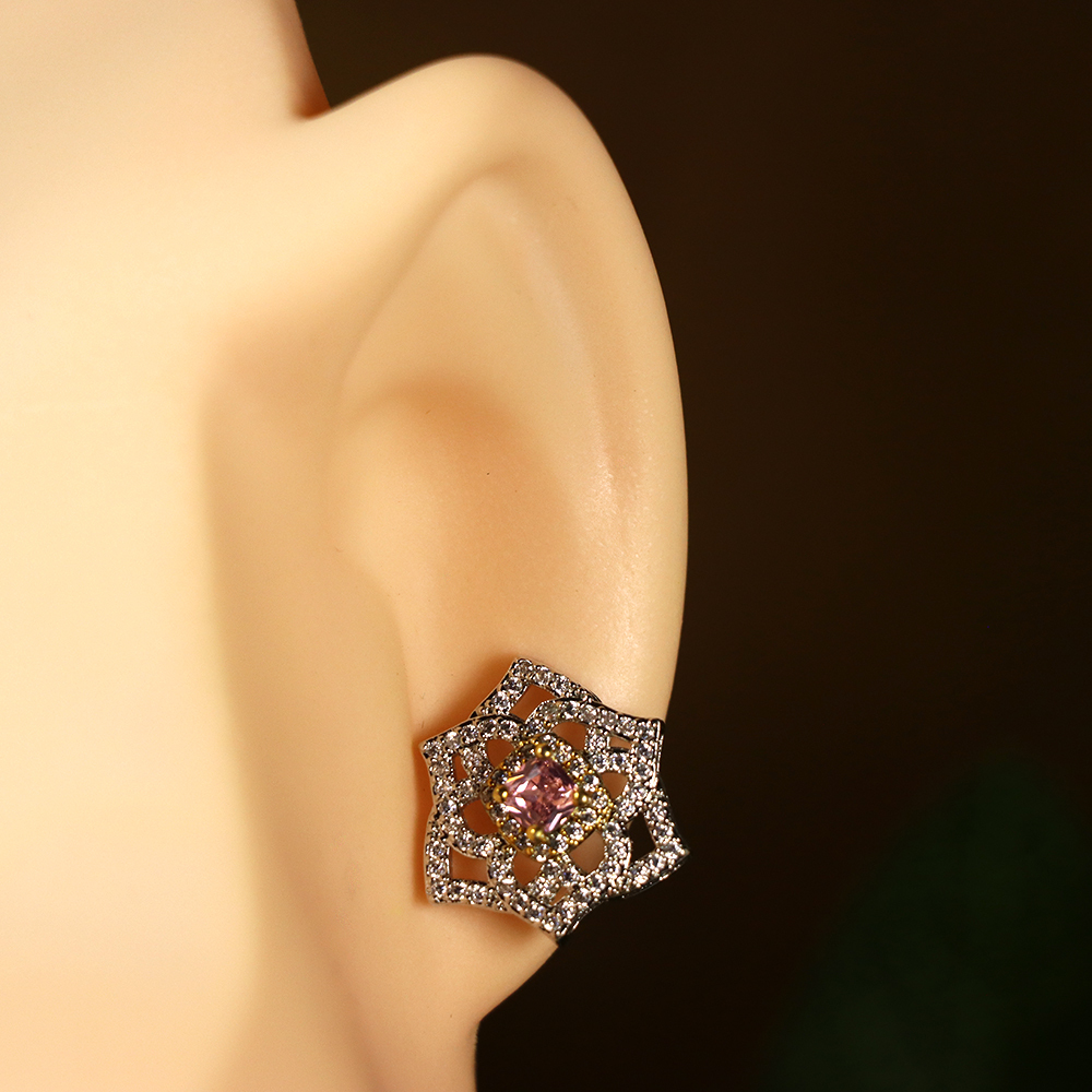 Pink Diamond Stud Earrings-Rose 2-Tone Silver Studs