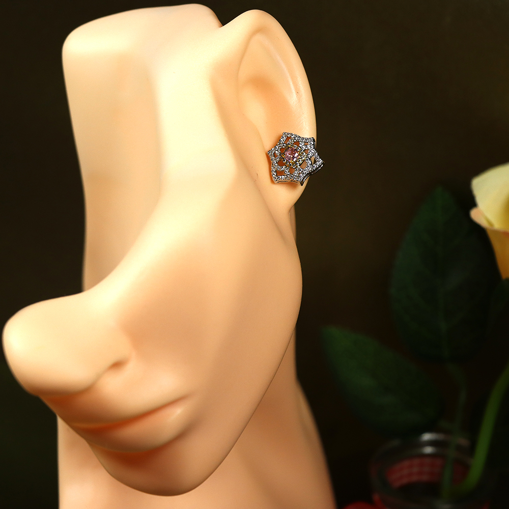 Pink Diamond Stud Earrings-Rose 2-Tone Silver Studs