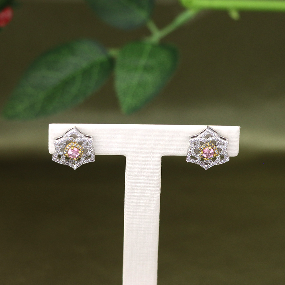 Pink Diamond Stud Earrings-Rose 2-Tone Silver Studs