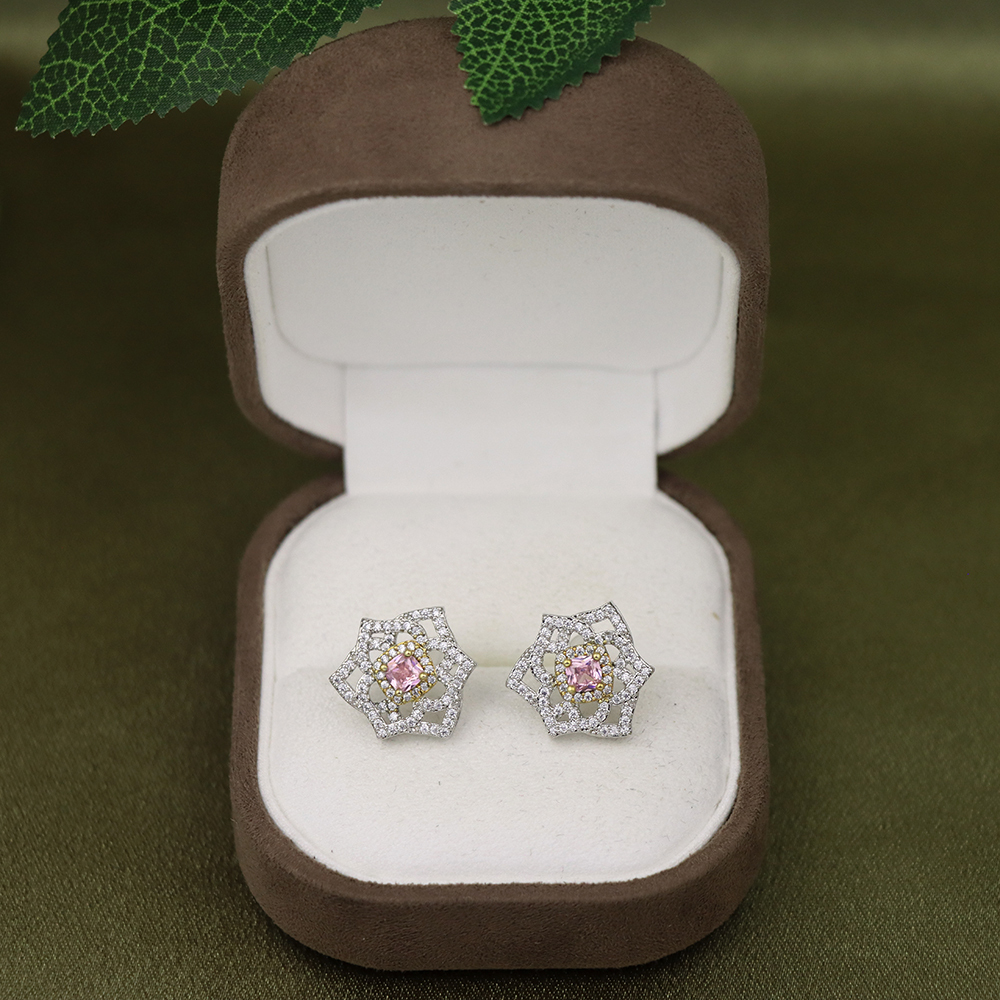 Pink Diamond Stud Earrings-Rose 2-Tone Silver Studs