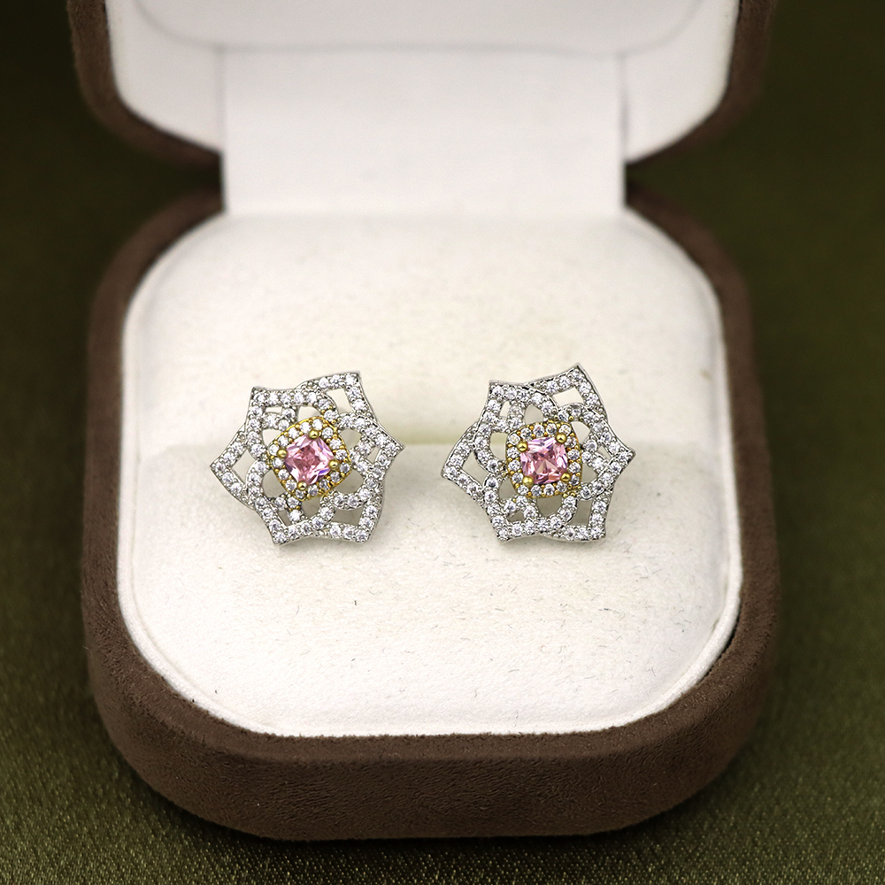 Pink Diamond Stud Earrings-Rose 2-Tone Silver Studs