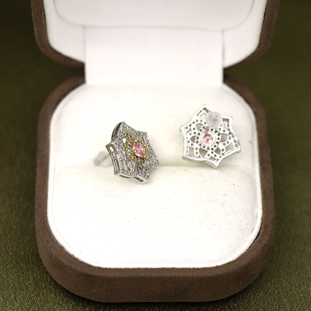 Pink Diamond Stud Earrings-Rose 2-Tone Silver Studs
