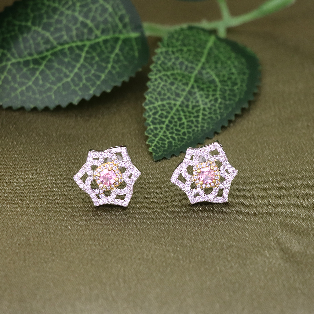 Pink Diamond Stud Earrings-Rose 2-Tone Silver Studs