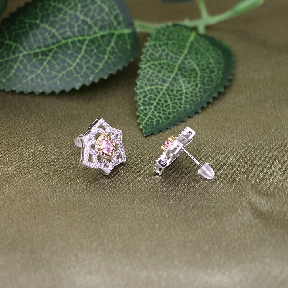 Pink Diamond Stud Earrings-Rose 2-Tone Silver Studs