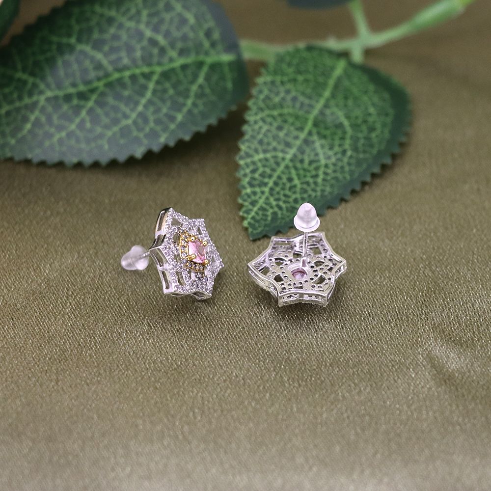 Pink Diamond Stud Earrings-Rose 2-Tone Silver Studs