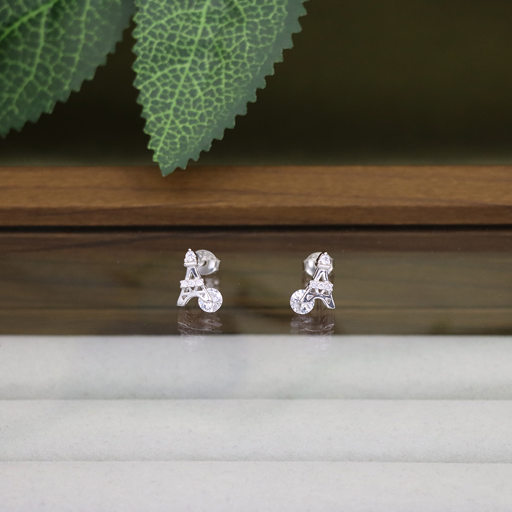 S925 Sterling Silver Eiffel Tower Stud Earrings for Women with CZ Diamonds
