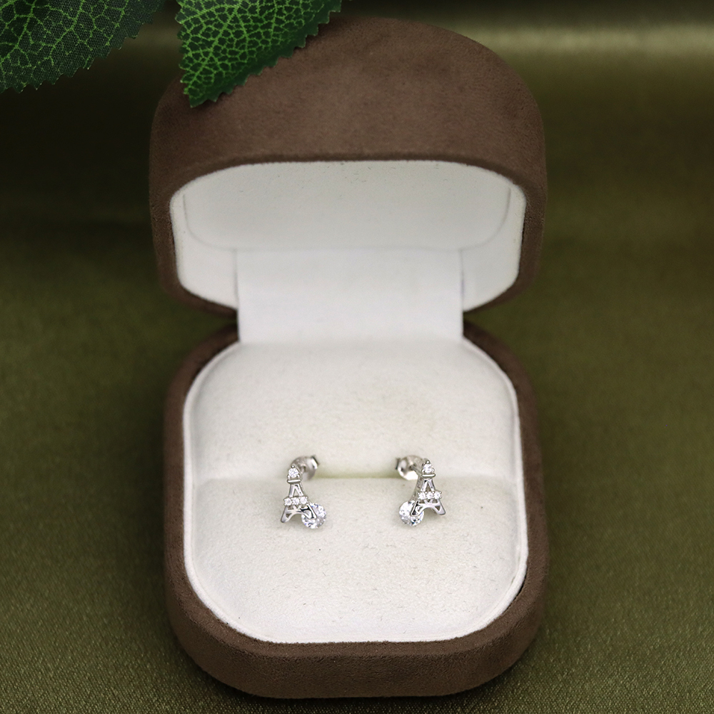S925 Sterling Silver Eiffel Tower Stud Earrings for Women with CZ Diamonds