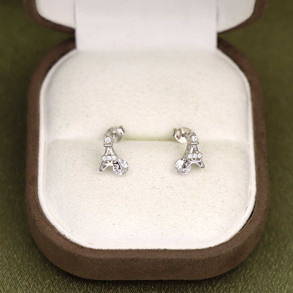 S925 Sterling Silver Eiffel Tower Stud Earrings for Women with CZ Diamonds