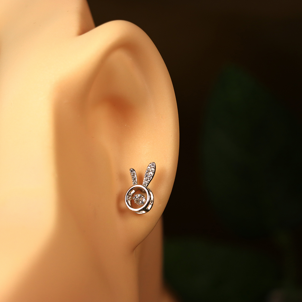 S925 Sterling Silver Rabbit Stud Earrings for Women with Zirconia Accents