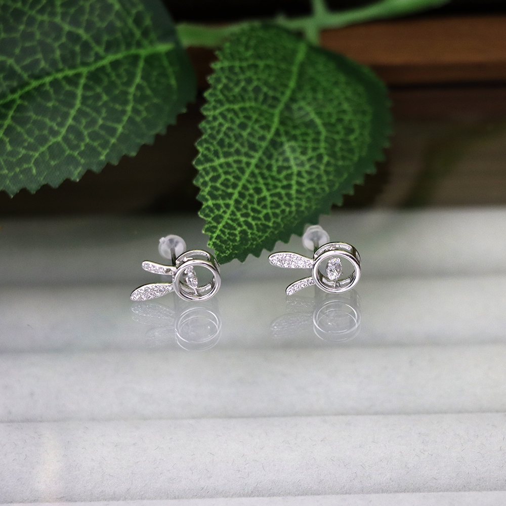 S925 Sterling Silver Rabbit Stud Earrings for Women with Zirconia Accents