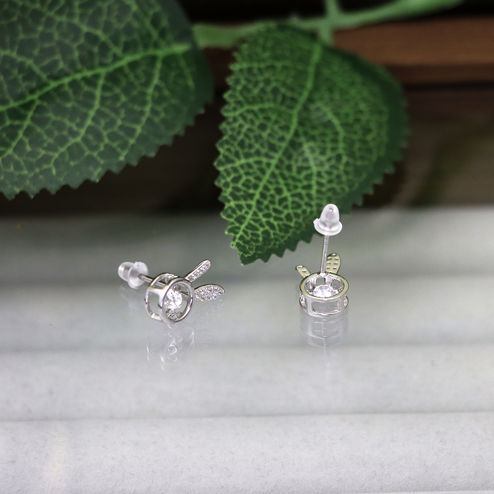 S925 Sterling Silver Rabbit Stud Earrings for Women with Zirconia Accents