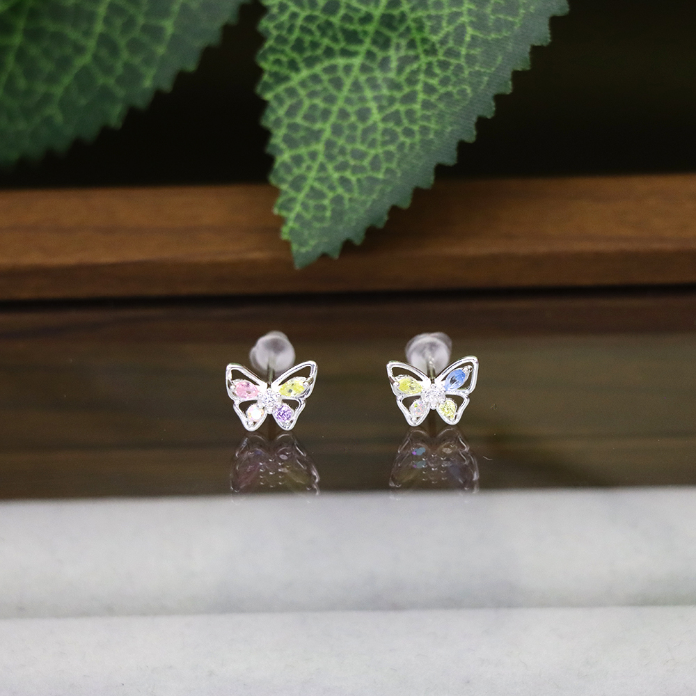 S925 Sterling Silver Butterfly Stud Earrings - Pink and Blue Mini Butterfly Earrings
