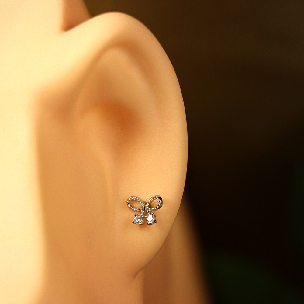 S925 Sterling Silver  Fine Silver Bowknot Zirconia Stud Earrings - Mini Minimalist Ear Accessories
