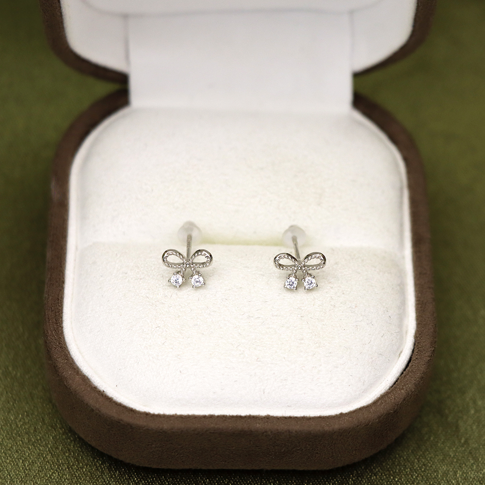 S925 Sterling Silver  Fine Silver Bowknot Zirconia Stud Earrings - Mini Minimalist Ear Accessories