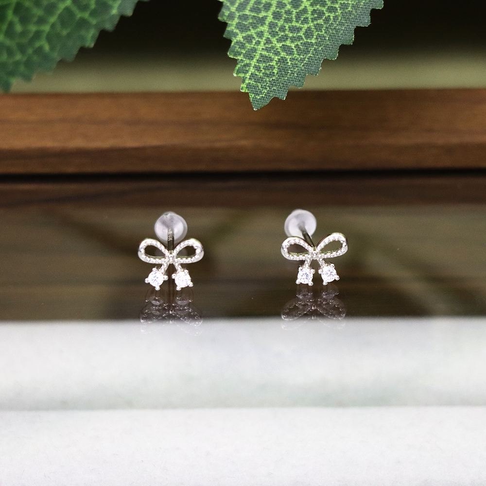 S925 Sterling Silver  Fine Silver Bowknot Zirconia Stud Earrings - Mini Minimalist Ear Accessories