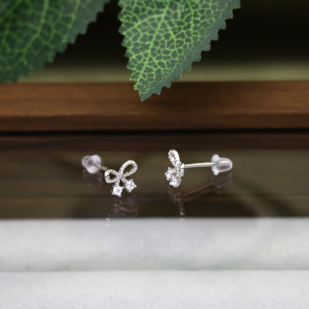 S925 Sterling Silver  Fine Silver Bowknot Zirconia Stud Earrings - Mini Minimalist Ear Accessories