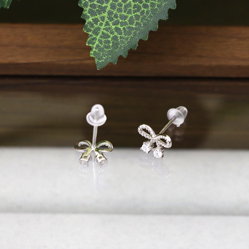 S925 Sterling Silver  Fine Silver Bowknot Zirconia Stud Earrings - Mini Minimalist Ear Accessories