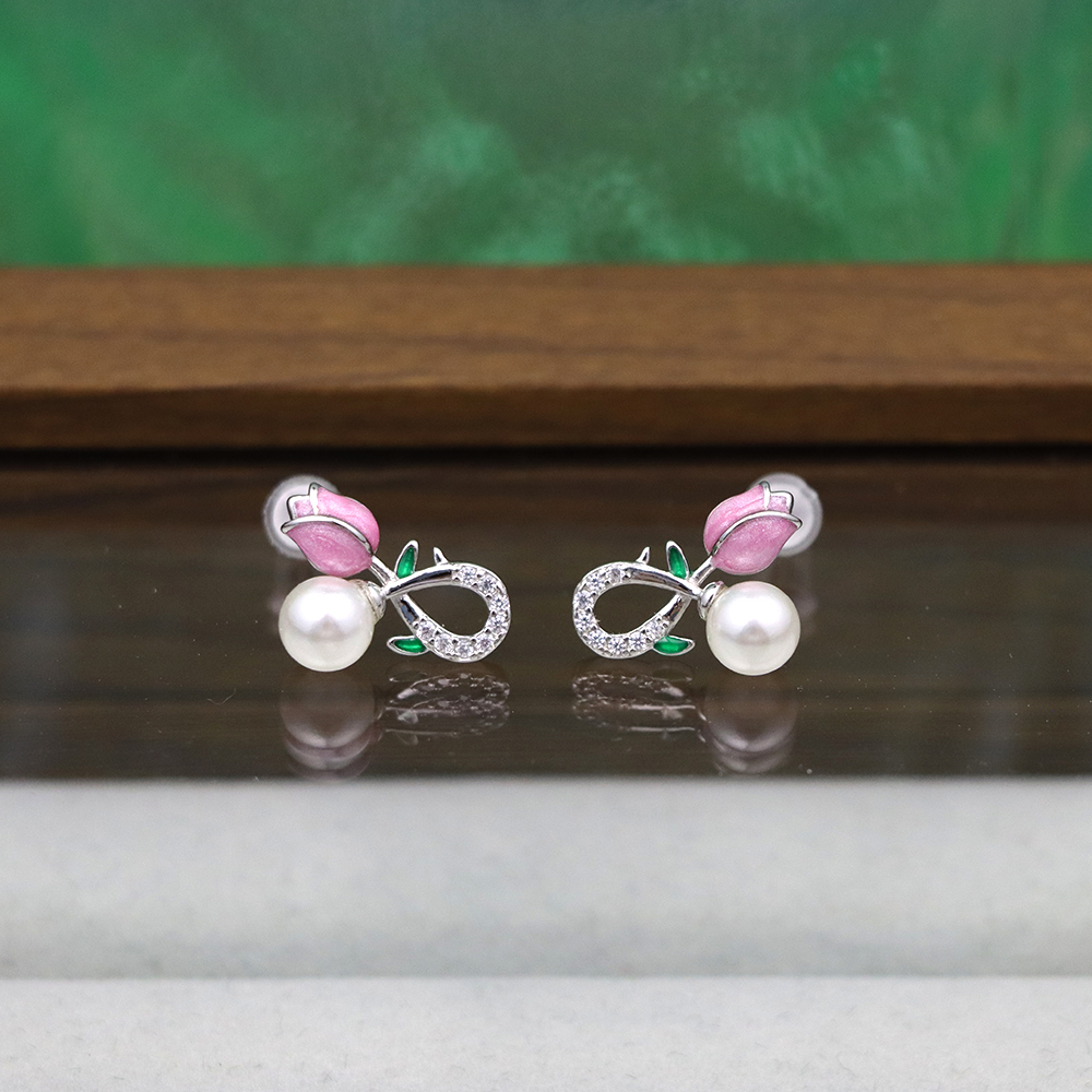 925 Sterling Silver Pink Tulip Stud Earrings for Women