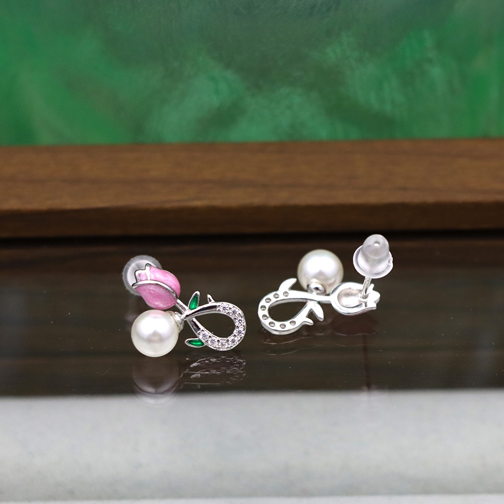 925 Sterling Silver Pink Tulip Stud Earrings for Women