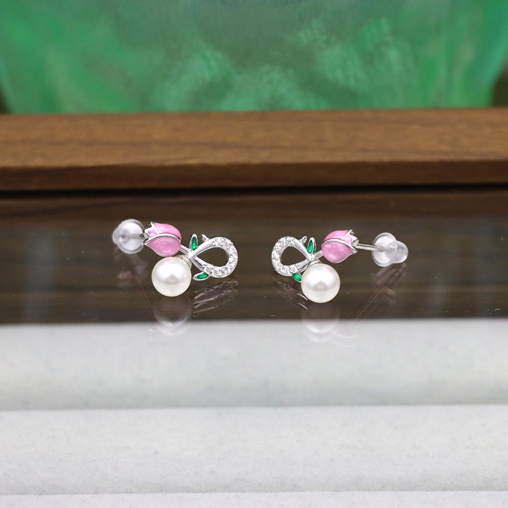 925 Sterling Silver Pink Tulip Stud Earrings for Women