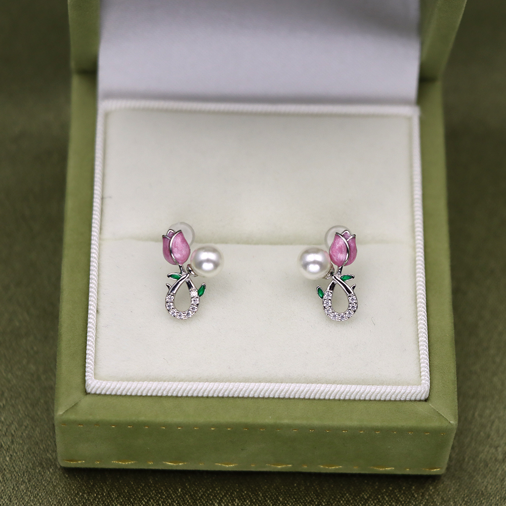 925 Sterling Silver Pink Tulip Stud Earrings for Women