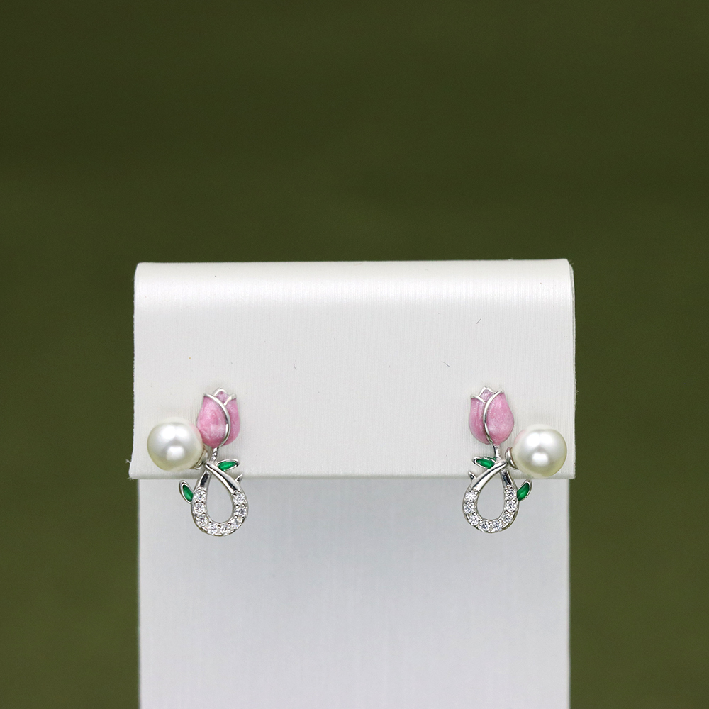925 Sterling Silver Pink Tulip Stud Earrings for Women