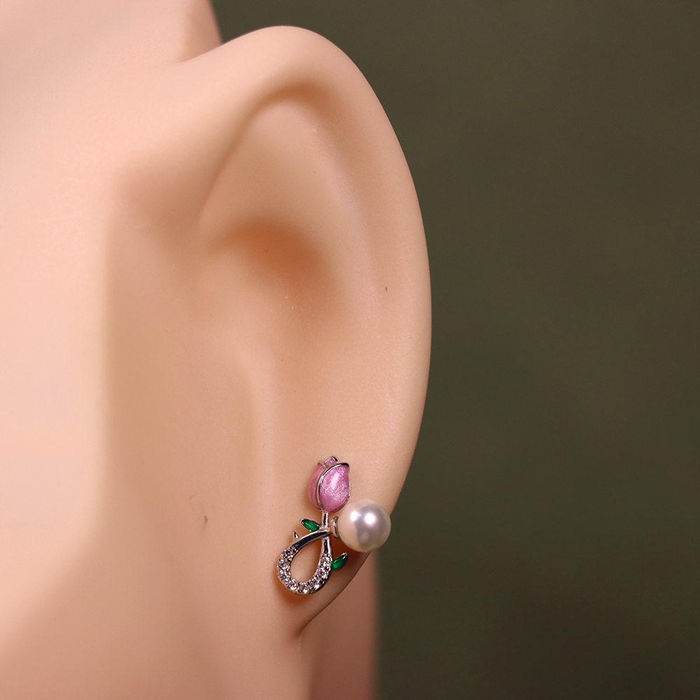 925 Sterling Silver Pink Tulip Stud Earrings for Women
