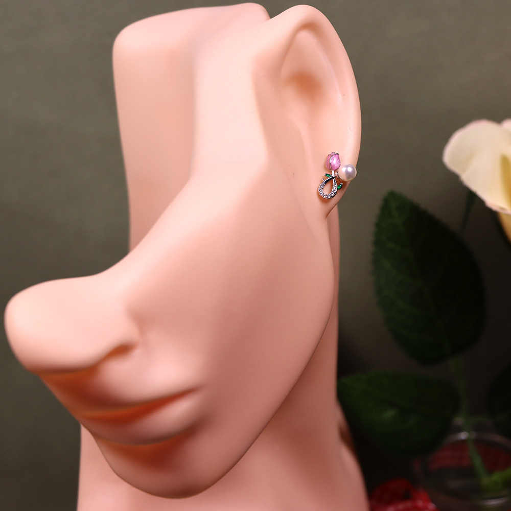 925 Sterling Silver Pink Tulip Stud Earrings for Women
