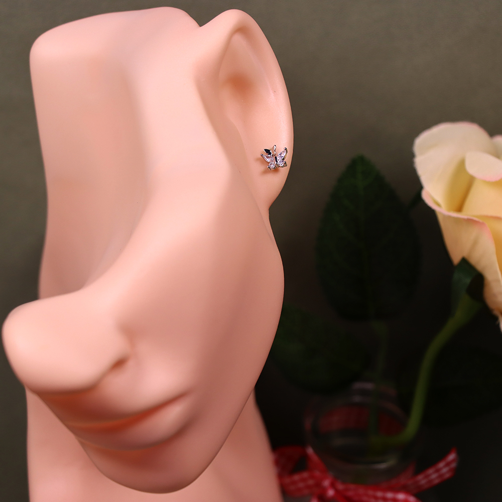 S925 Sterling Silver Fine Silver Bowknot Zirconia Stud Earrings - Double Butterfly Design