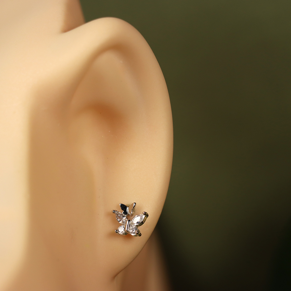 S925 Sterling Silver Fine Silver Bowknot Zirconia Stud Earrings - Double Butterfly Design